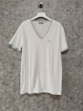 Dior Men's White V-Neck Tee with Light Gray Trim